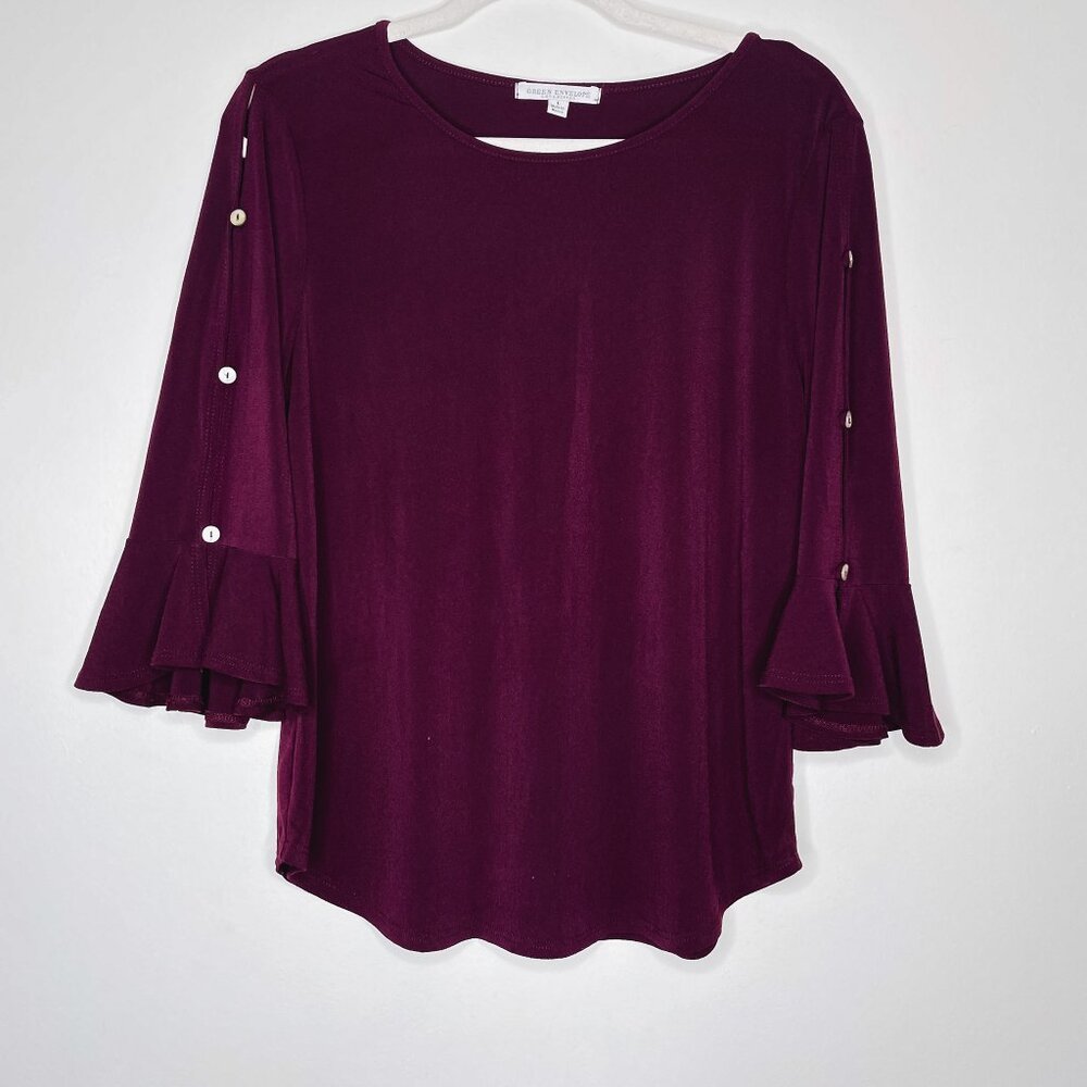Anthropologie‎ Green Envelope Elegant Maroon Bell Sleeve Blouse Top Stretchy